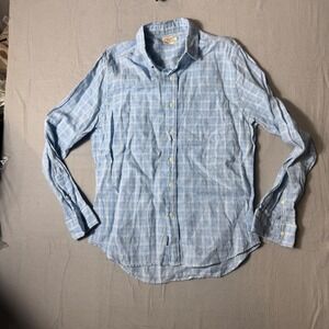 Faherty Brand Mens Plaid Button Down Shirt Light Blue White Long Sleeve Large